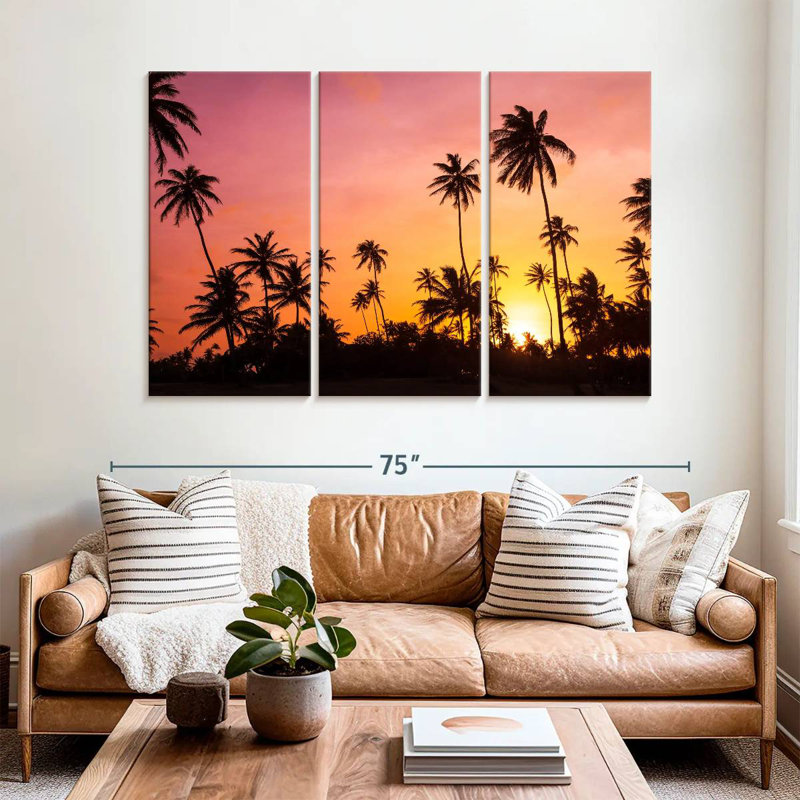 Silhouette de palmiers Gillard au coucher du soleil, H 42 po x l 65 po