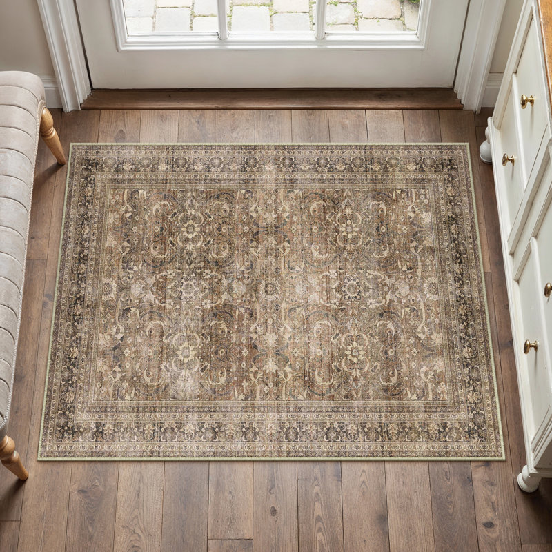 Amber Machine Washable Vintage Flora Area Rug with Non-Slip Backing, Rectangle 2' x 3'