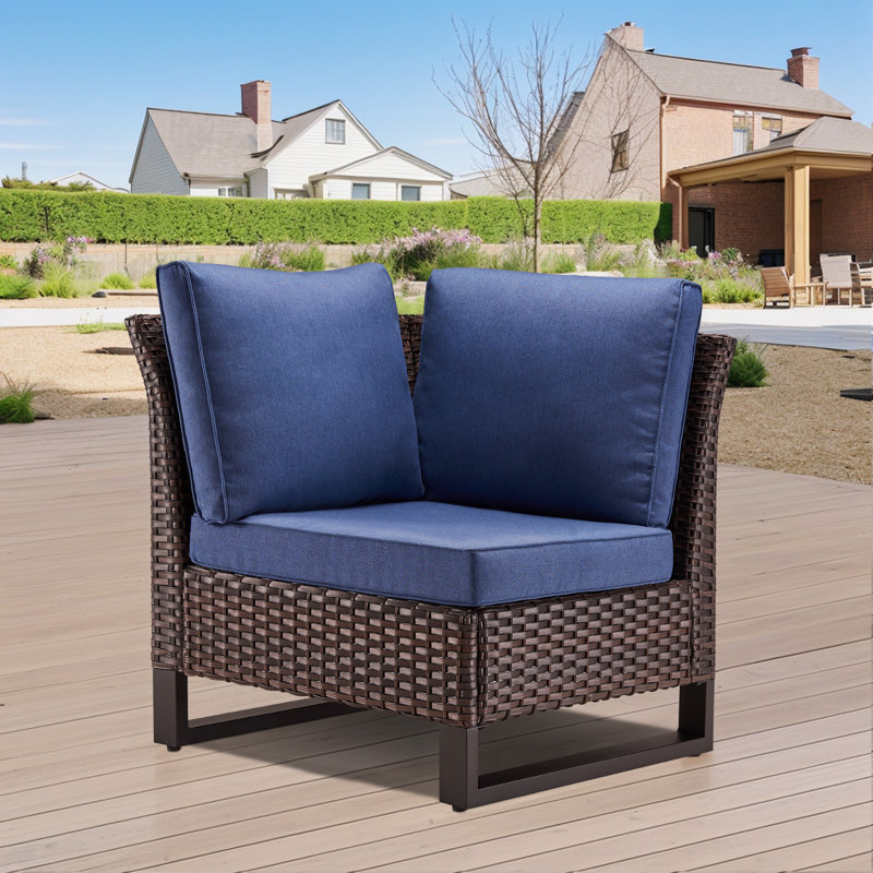 Ingvald Wicker/Rattan Outdoor Patio Armless Accent Chair With Cushions, Blue