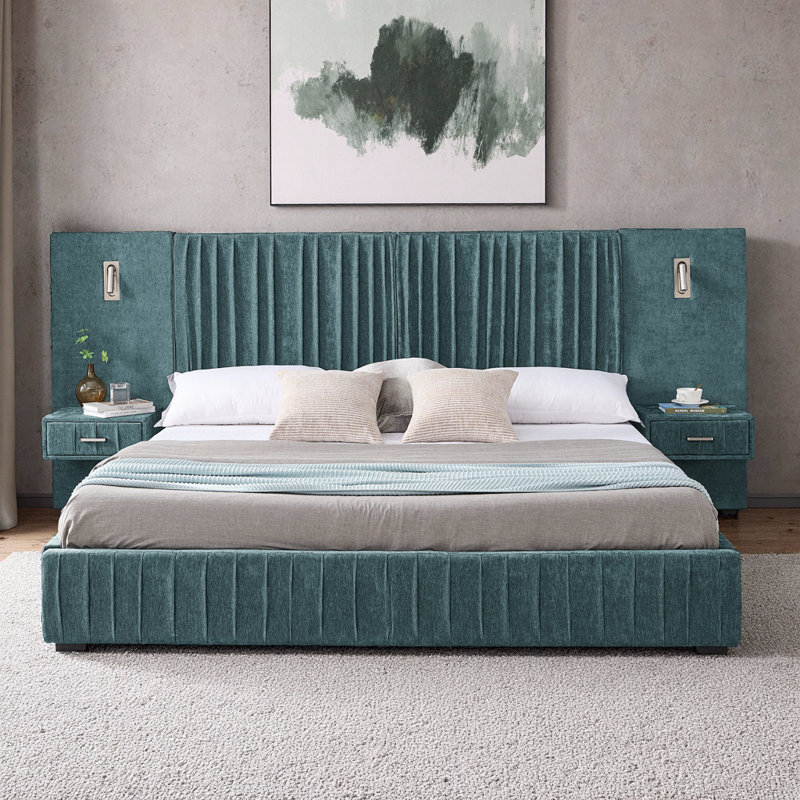 Très grand lit plateforme tapissier avec tête de lit et table de chevet intégrée bleu-vert - Aucun sommier nécessaire