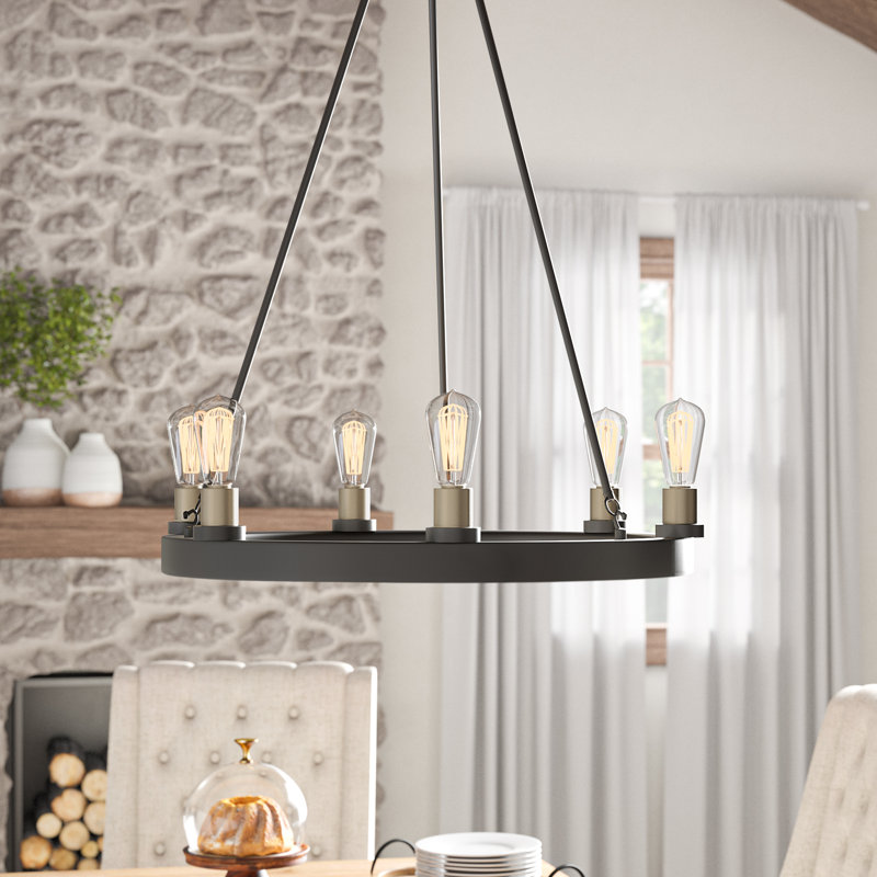 Parmele 6 - Light Dimmable Wagon Wheel Chandelier, Black & Brass Dust