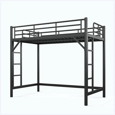 Lit mezzanine simple en métal de taille XL avec échelle facile à monter et garde-corps de sécurité pleine longueur, finition noire