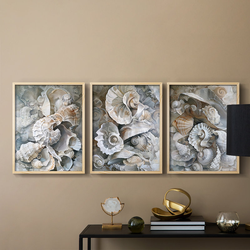 Sea and Shore  Series  LI  -Set Of 3 Framed Giclee Prints -Ready to Hang, Natural, 10" H x 8" W