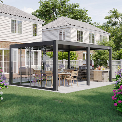 Flexpatio 20 Ft. W X 13 Ft. D Power+ Pro Motorized Pergola Outdoor Louvred Pergola With 3-Side Sliding Glass Doors