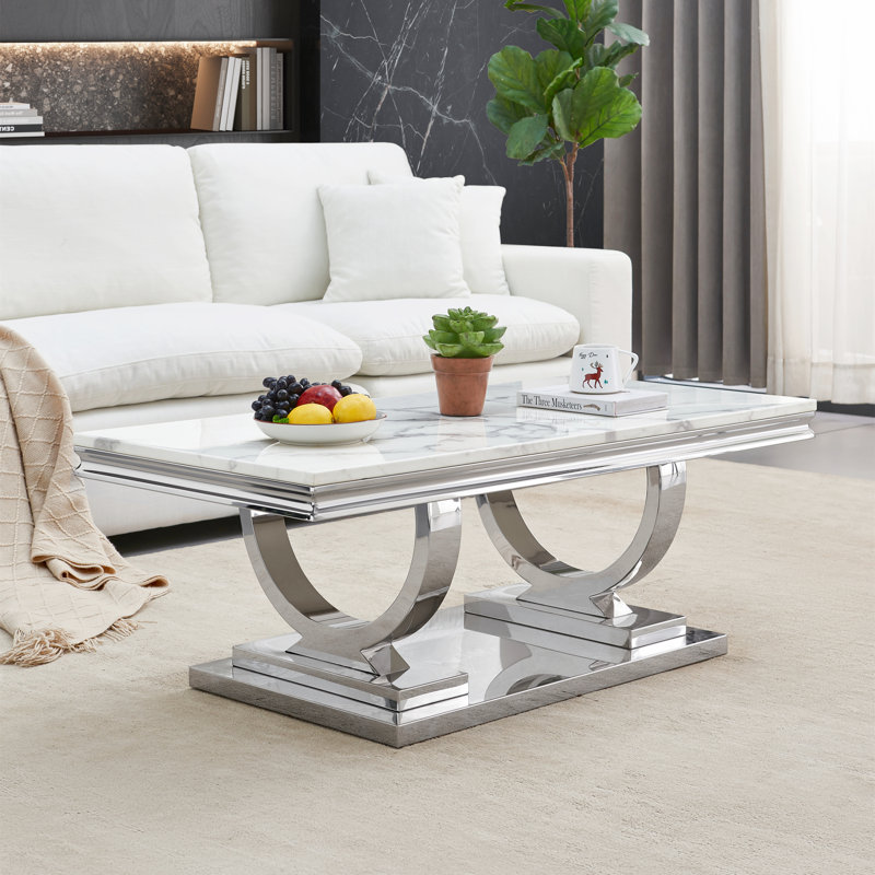 Table basse à piédestal Skailar, plateau en faux marbre , Blanc, Argent argent