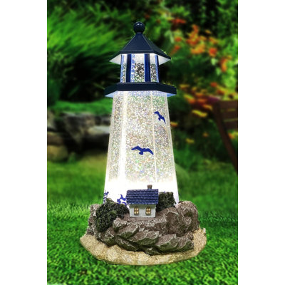 11.5"H Acrylic Lighthouse - LED, Water Spinning Glitter, Battery - Hand-Painted Resin Polyresin