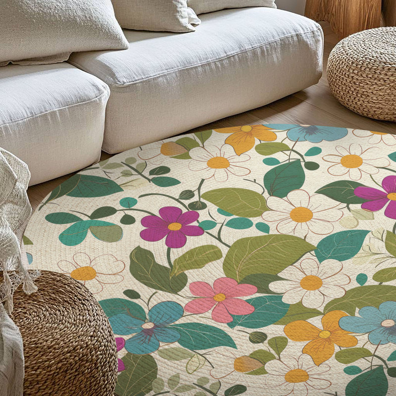 Tapis tressé à motif floral printanier, Rond 5 pi