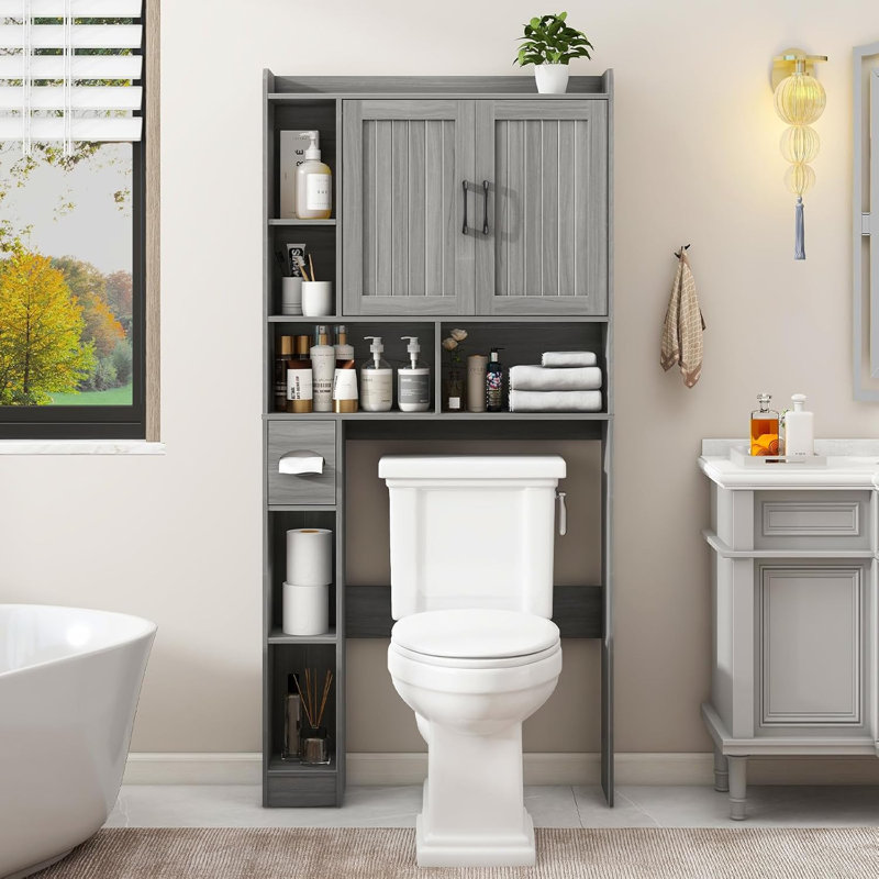 Wash Gray Farmhouse Over The Toilet Storage Cabinet with Adjustable Shelving