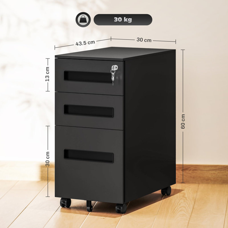 30cm Wide 3 -Drawer Mobile Steel File Cabinet, Black