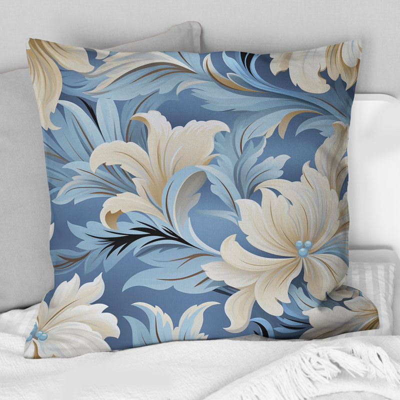 Blanc et bleu damassé en fleurs - Coussin Abstrait corail multicolore abstrait - Coussin, H 16 po x l 16 po