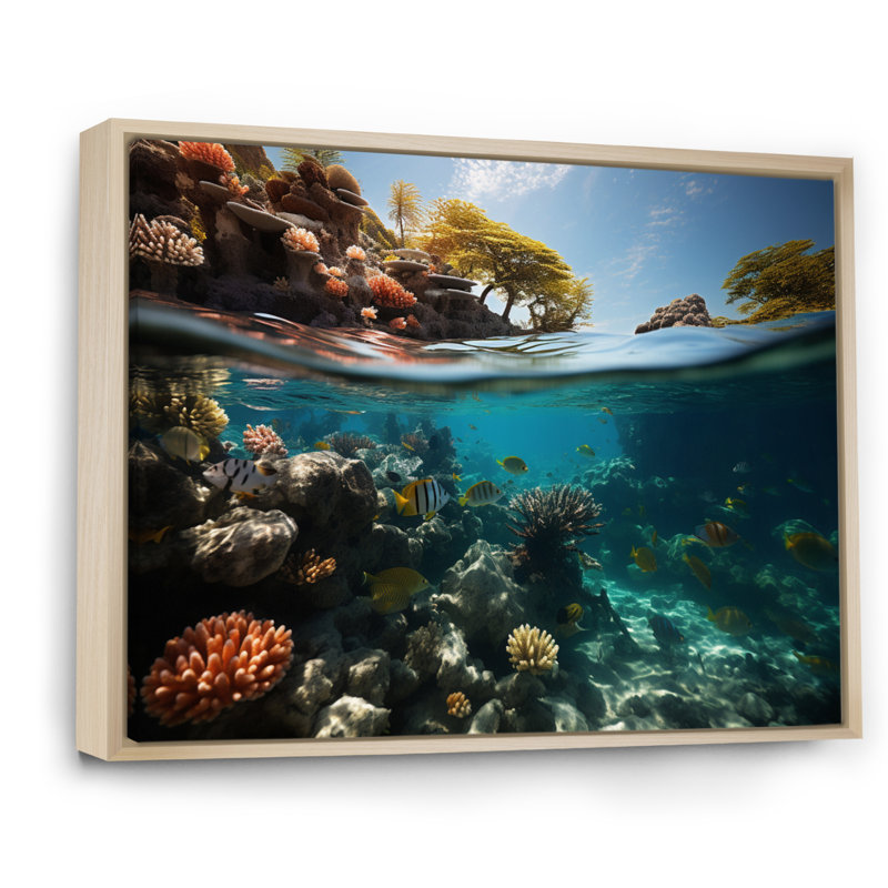 Plage, corail, havre de paix - Reproduction d'art nautique et de plage, H 34 po x l 44 po x P 1,5 po, Cadre naturel flottant