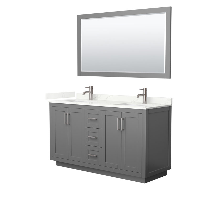 Meuble-lavabo double autoportant 60 po avec plateau en quartz Miranda, Quartz Giotto, Gris foncé, Nickel brossé