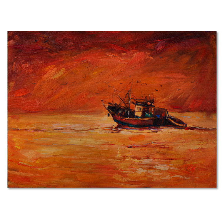 Fishing Boat During Evening Glow - Unframed Painting On Wood Breakwater Bay Size: 12 H x 20 W x 1 D
