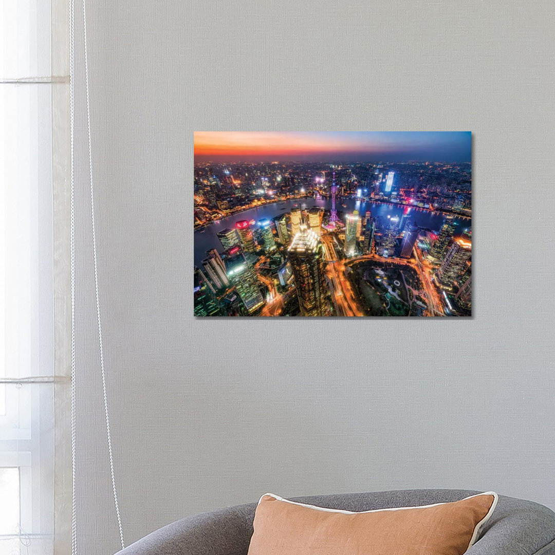 Aerial View Of Pudong At Night With Oriental Pearl Tower, Shanghai, China - Wrapped Canvas Gallery-Wrapped Canvas Giclée