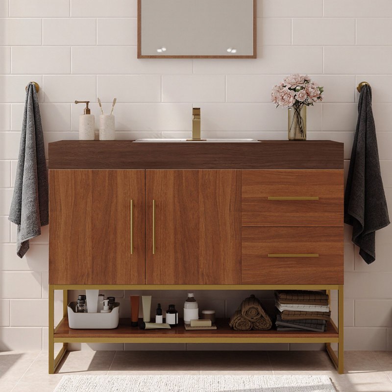 Meuble-lavabo autoportant 36 po avec lavabo en céramique et or moderne 36 po, Or, brun, noyer, blanc