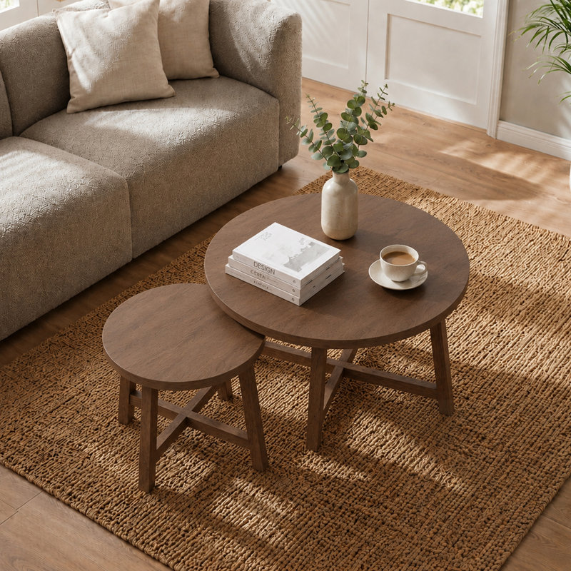 Ensemble de 2 tables basses gigognes rondes, tables d'appoint modernes, tables de bout empilables en forme de X pour le salon, la chambre à coucher et le balcon