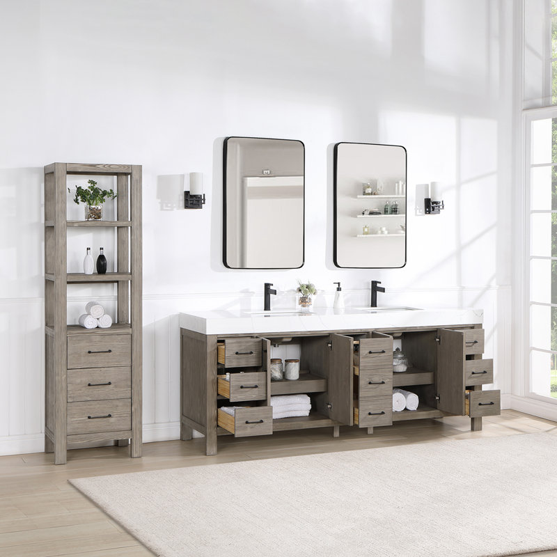  Ensemble de meuble-lavabo double 84 "avec miroir 84", Brun, Blanc, Noir mat