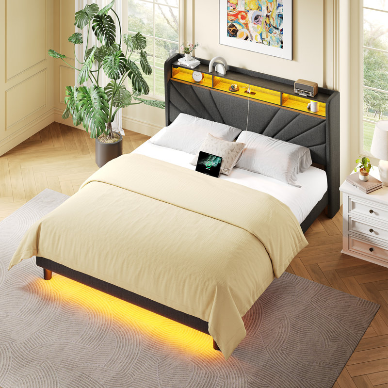 Lit de rangement avec charge USB et lumières DEL - Conception à oreilles rembourrée et structure en métal avec tête de lit