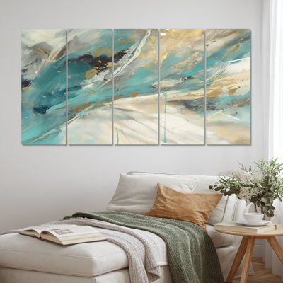 Turquoise Serendipity Abstract Painting II - Abstract Canvas Art Print - 5 Equal Panels