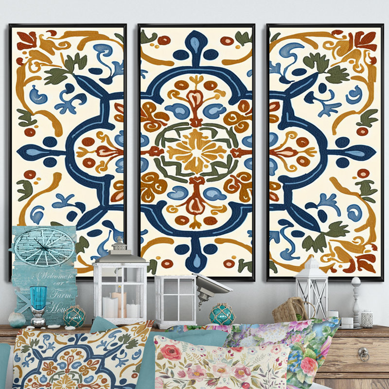 «Méditerranée Tiles in Retro Blue IV», reproduction sur toile 3 pièces, Toile encadrée noire, H 28 po x l 36 po x P 1 po
