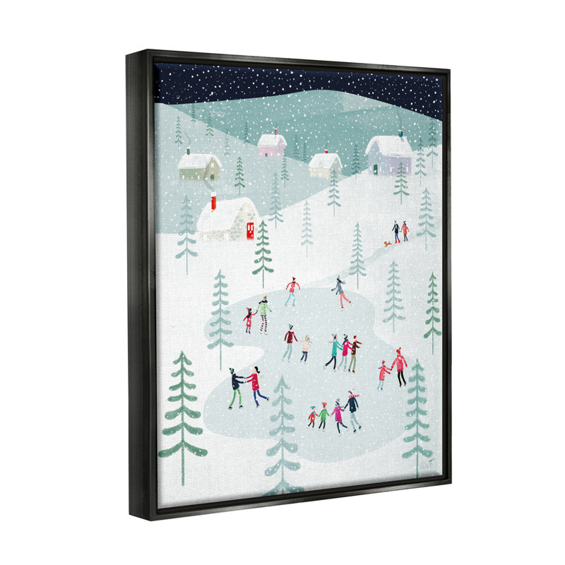 «Ice Skating Familles Snowfall» par Andrew Thornton, Cadre flottant noir de jais, H 21 po x l 17 po x P 1,7 po