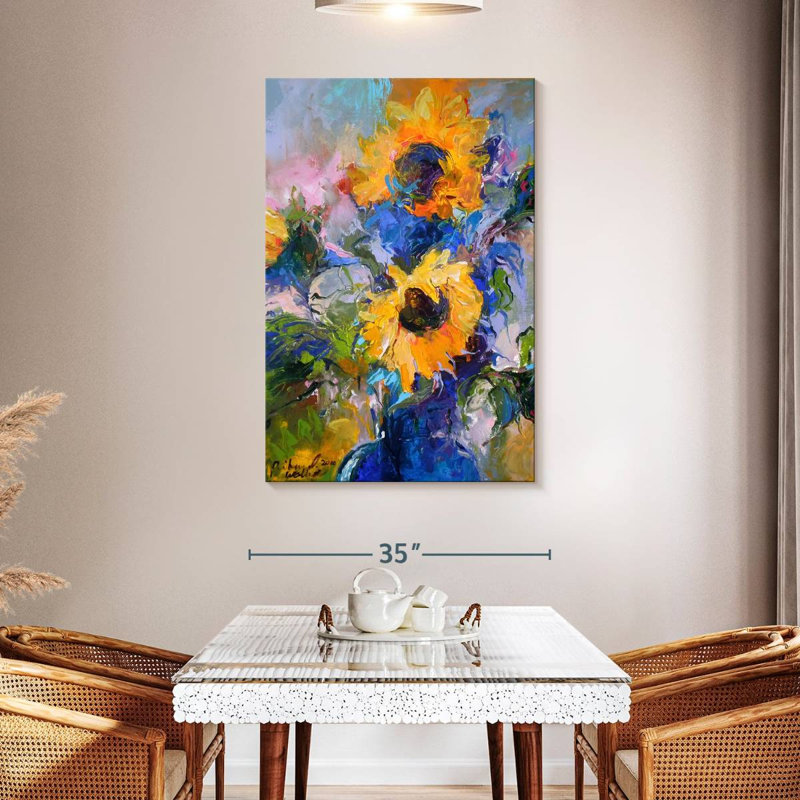 Harnek tournesols dans un vase bleu, H 48 po x l 32 po