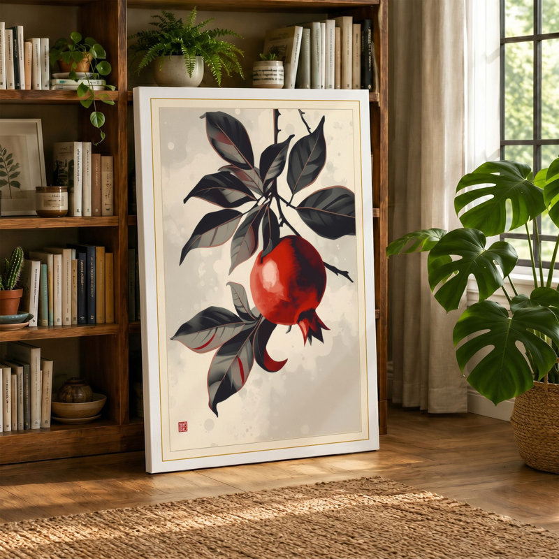 Pomegranate Branch Japandi - Wrapped Canvas, 36x24 - 91.4 x 61.0 cm, Ochre Border