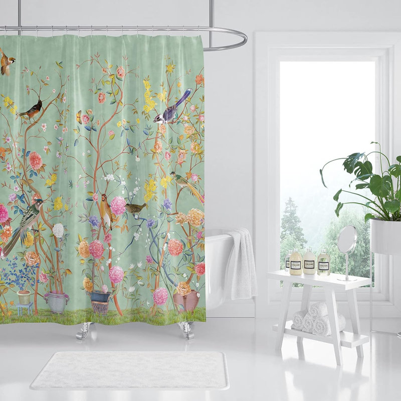 Green Shower Curtain 180x180cm, Mould Proof Resistant Waterproof Bird Floral Bathroom Curtains with 12 hooks Quick-Drying Weighted