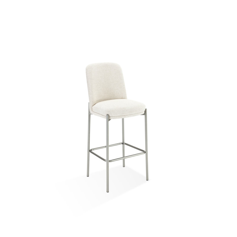 Dion Upholstered Bar Stool In Natural Light Linen And Brushed Nickel Metal