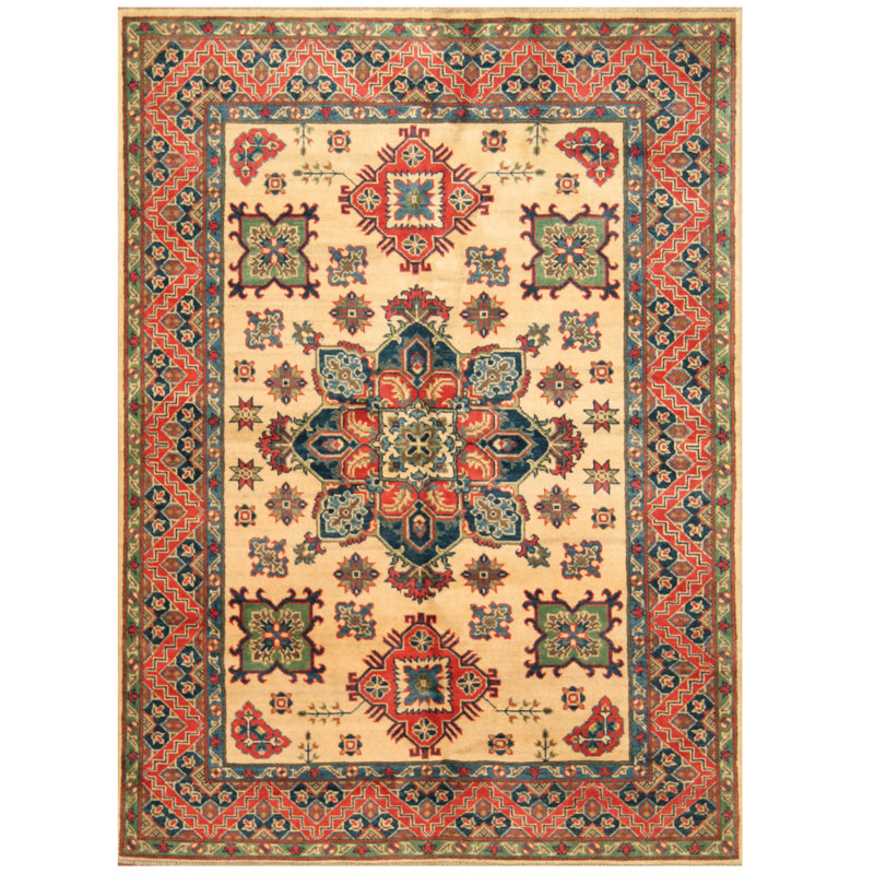Tapis de zone en laine beige/rouge 4 pi 1 po x 6 pi 5 po one-of-kind à la main noué la Jevon