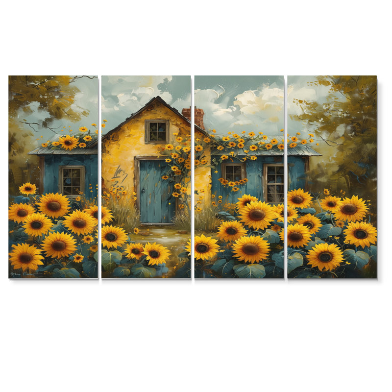 Jaune jaune brun champ de tournesols à la grange - ensemble d'art mural tournesols, H 32 po x l 64 po