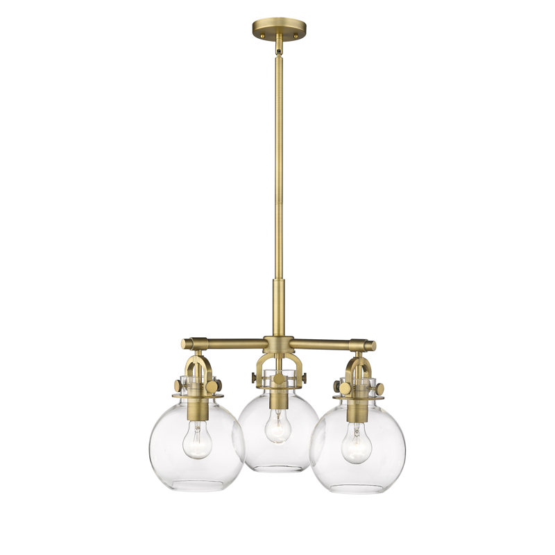 Luminaire suspendu sur tige 3 lumières Lantz, Laiton brossé, Transparent