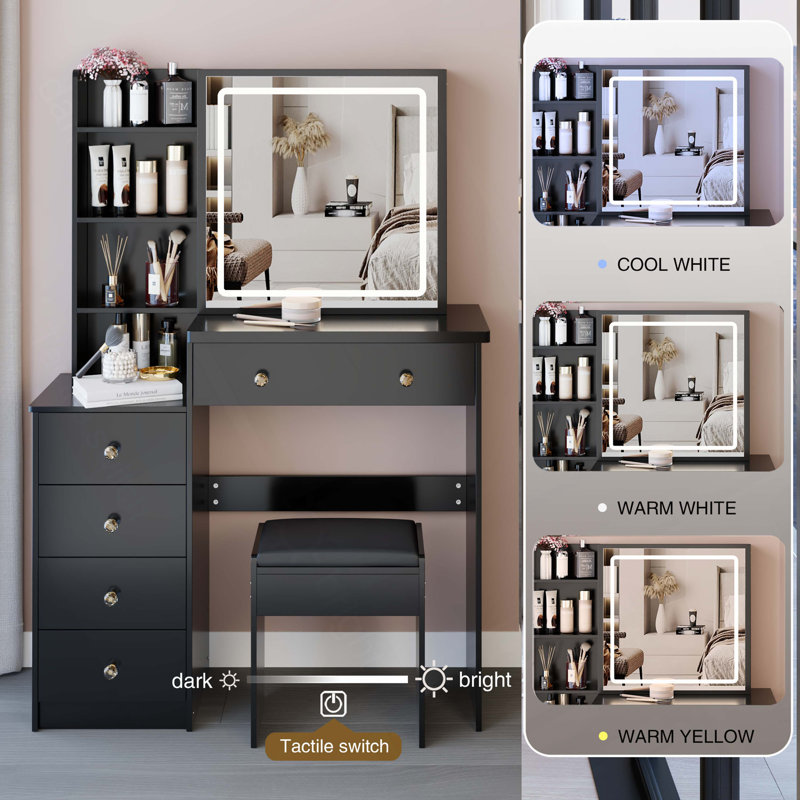 Ensemble de meuble-lavabo de 37 po avec commode de chevet de taille moyenne 37 po, 2 prises AC 2 USB, support pour sèche-cheveux, grand miroir à DEL tactile, interrupteur 3 couleurs