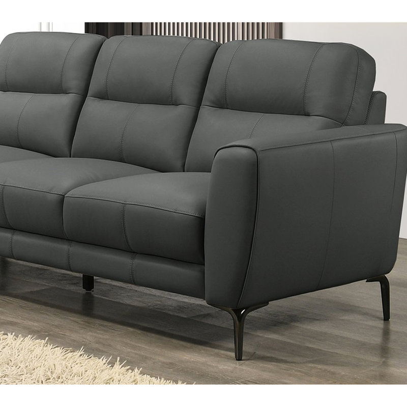 Comfortable 2pc In Anthracite Gray Leather: Contemporary With Horizontal Seats And Back Cushions Full Leather Tufting Legs For Living Area