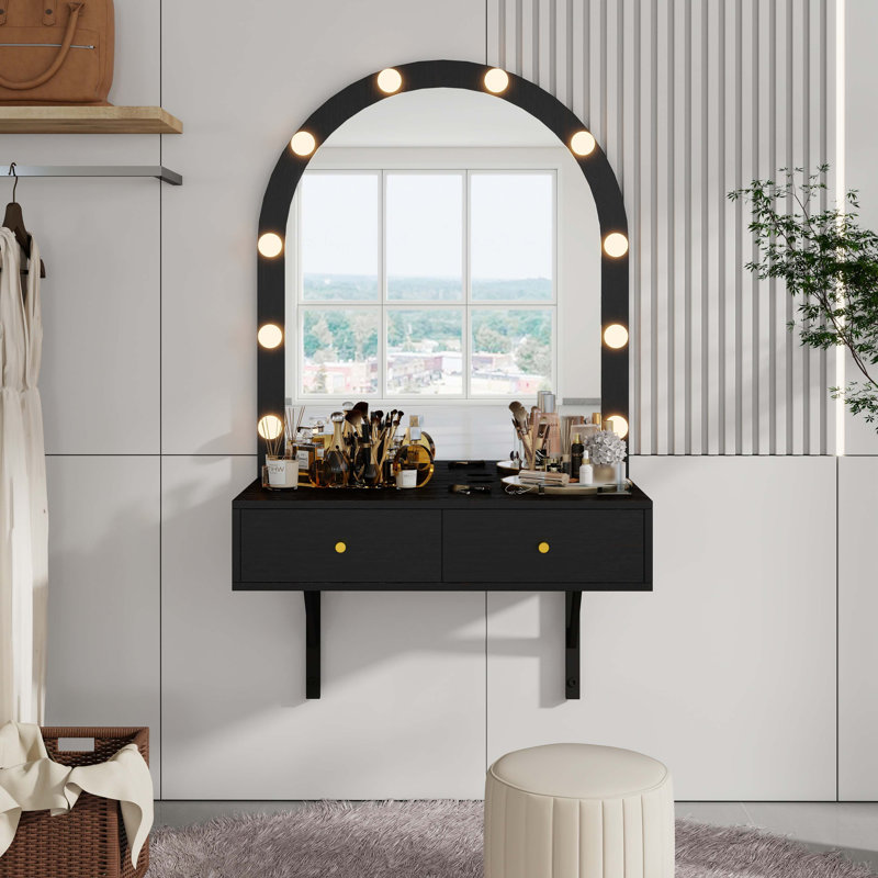 Meuble-lavabo mural flottant avec miroir à DEL 3 lumières de couleur, coiffeuse compacte avec prise de courant et recharge USB, grand meuble-lavabo peu encombrant pour salle de bain, noir
