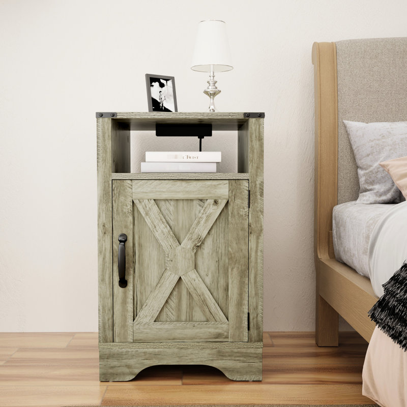 Grey Nightstand With Electrical Outlets And Easy Installation - Wooden Side Table Large Cabinet, Light Gray