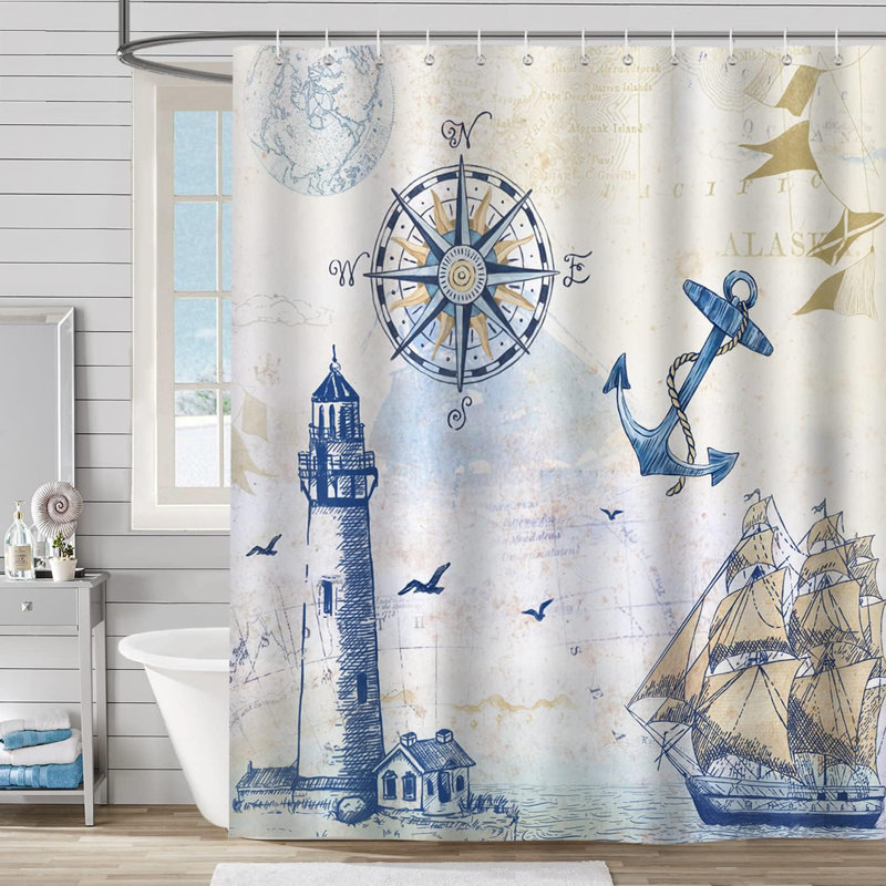 Rideau de douche imperméable à thème nautique avec boussole à ancre de phare - conception de salle de bain en tissu de polyester comprenant 12 crochets pour une installation facile