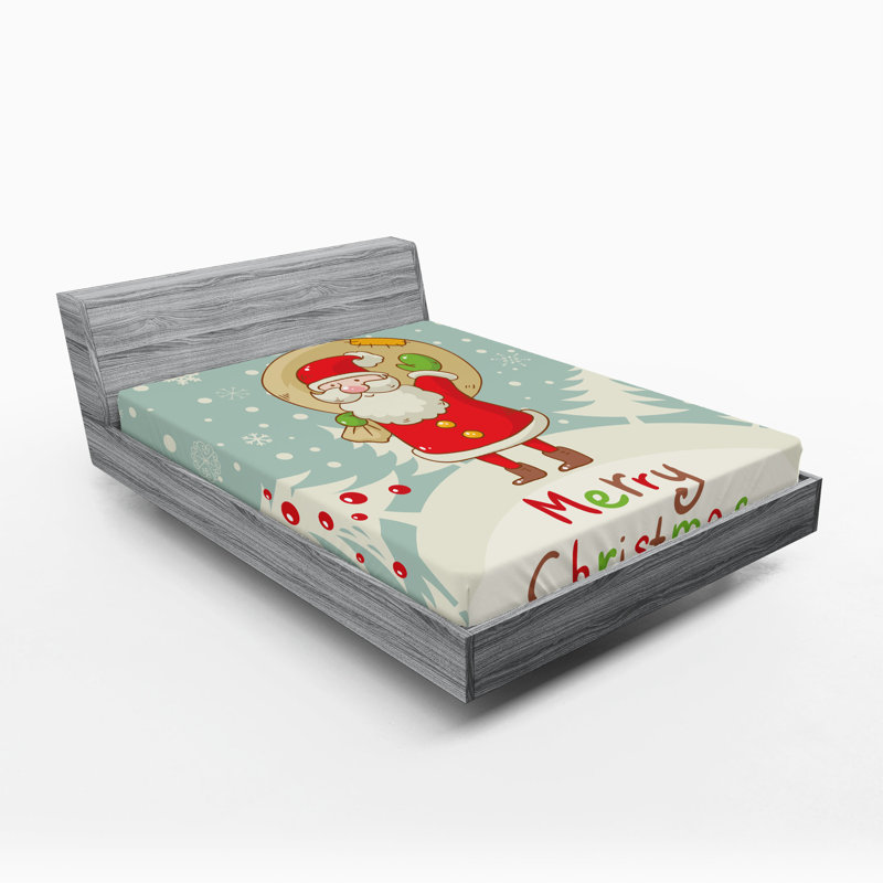 Multicolore Ambesonne Père Noël, ensemble de 2 draps Merry Xmas Snowy Forest, Drap-housse de taille double