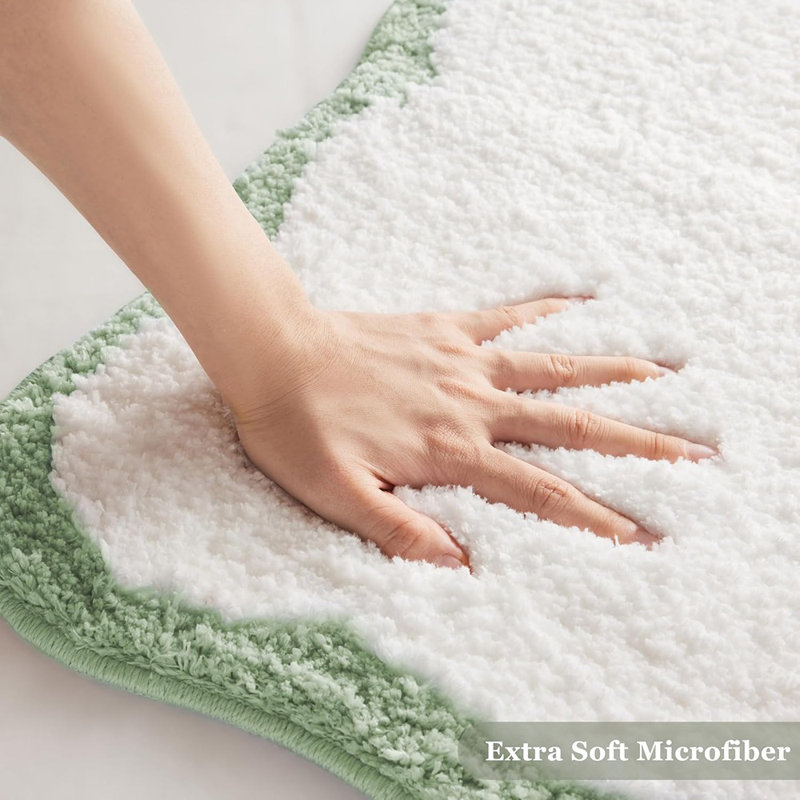 Tapis de salle de bain - blanc et vert sauge, microfibre avec passepoil festonné, tapis de bain à ressorts absorbant antidérapant