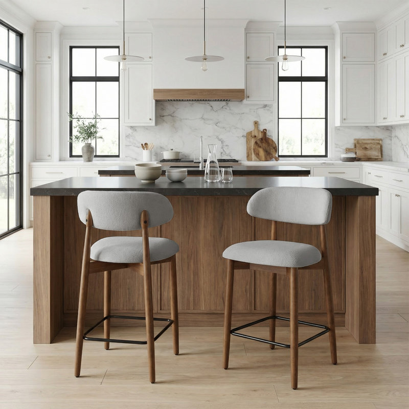 Upholstered Solid Wood Barstool Chair, Light Grey