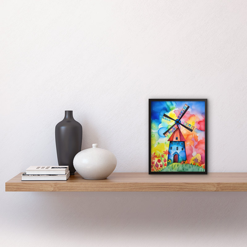 Watercolour Windmill Netherlands Folk Art Artwork Framed Wall Art Print 9X7 Inch