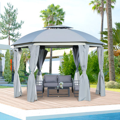 12' X Outdoor Gazebo Canopy With Double Roof, Steel Frame, Grey, Mesh Netting Sidewalls For Wind Resistance Grey Double Roof & Zippered Doors, Frame Patio, Garden, And Wedding Events