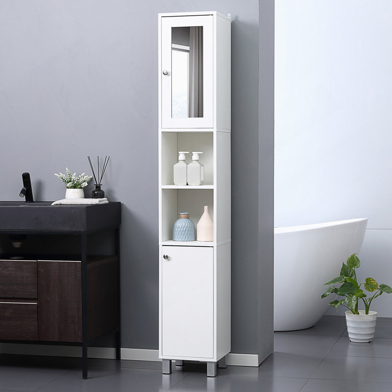Tall Wooden Freestanding Bathroom Storage Cabinet With Adjustable Shelves And Mirrored Door For Modern Spaces