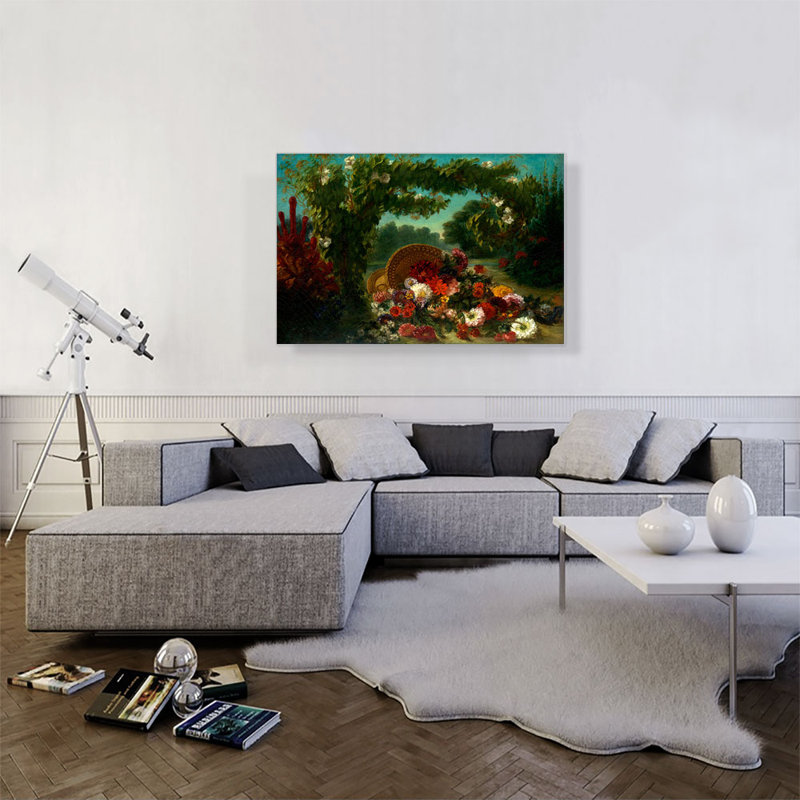 «Basket Of Flowers» par Eugene Delacroix - peinture sur toile tendue, H 26 po x l 40 po x 1,5 po