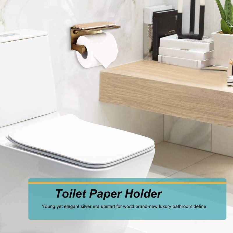 Porte-papier hygiénique mural avec tablette pour téléphone - Support à papier hygiénique durable en acier inoxydable, Doré
