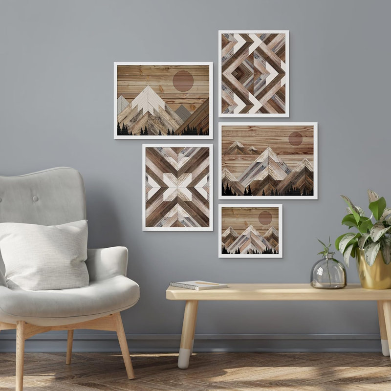 Western Decor Sun Shines Over Snowy Mountain Forest Nature, art numérique moderne encadré sur papier, impression de 5 pièces