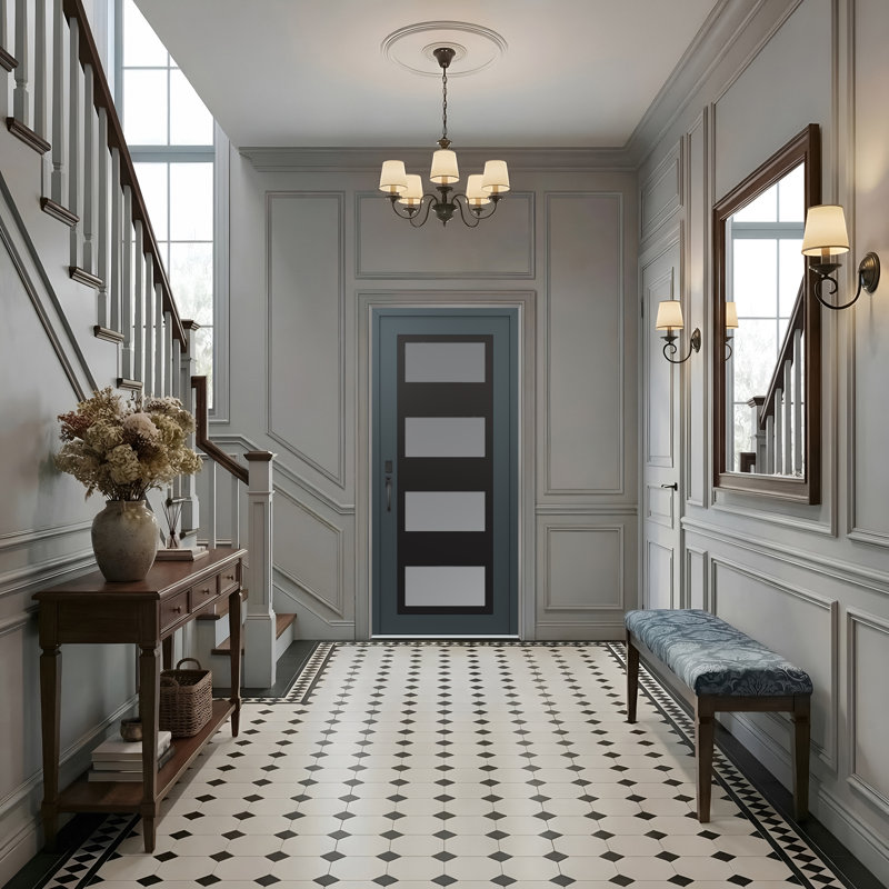 Porte d'entrée pré-suspendue à panneau en acier noir anthracite / anthracite, Droite / vers l'intérieur, Gelé