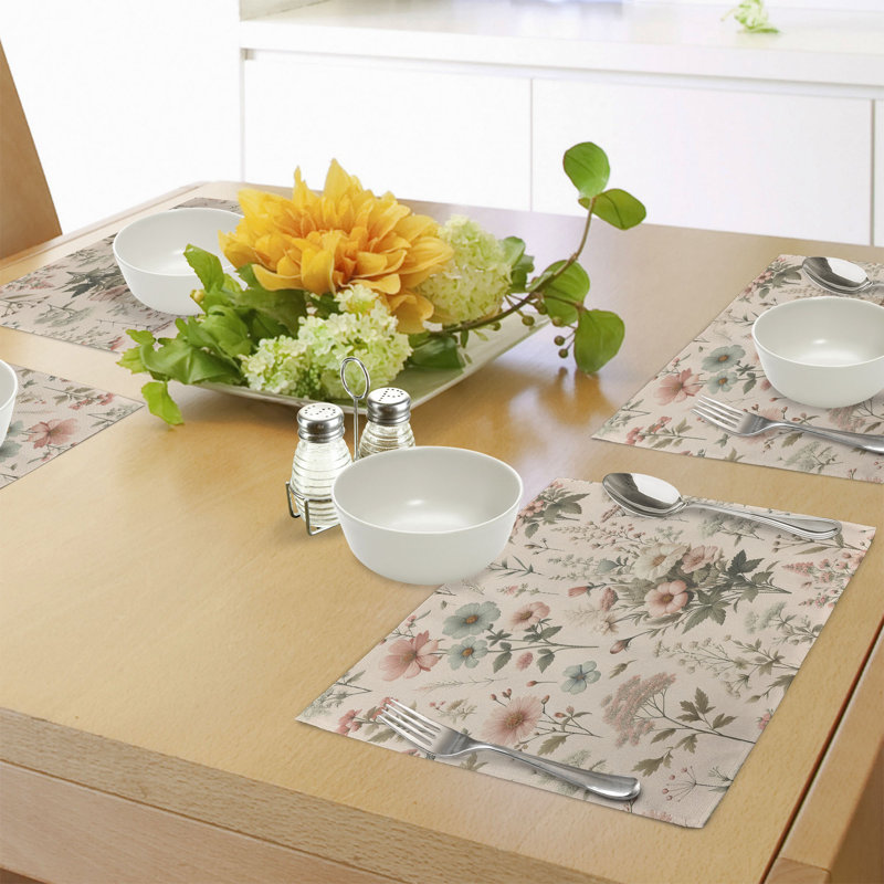 Rose Olive Green Floral Polyester Rectangle Placemats Set of 4