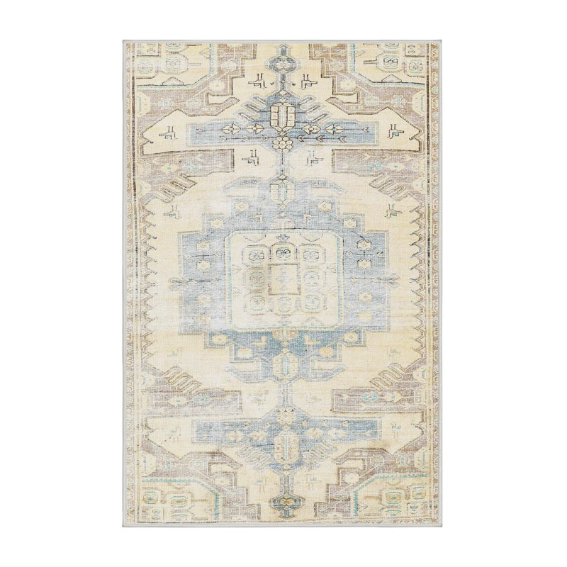 Tapis traditionnel beige / vert, Rectangle 5 pi x 7 pi