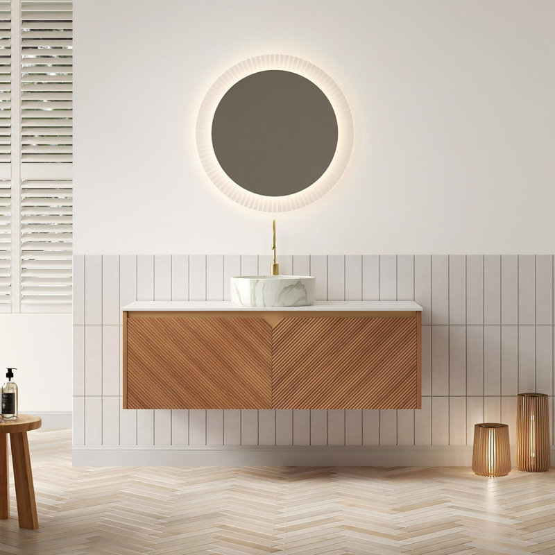 Ensemble de meuble-lavabo mural 48 po avec lavabo vasque à motif en pierre, dessus en pierre frittée Carrara et portes en bois sergé - chêne Corolla